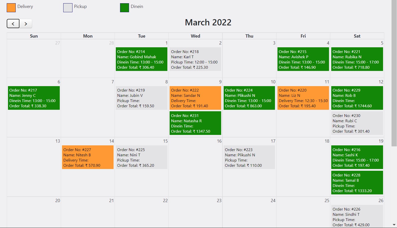 See all upcoming deliveries/pickups/dine-in bookings on a monthly calendar view